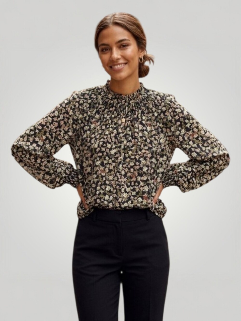 LOFT Womens Large Black Floral Long Sleeve Ruffle Collar Keyhole Blouse